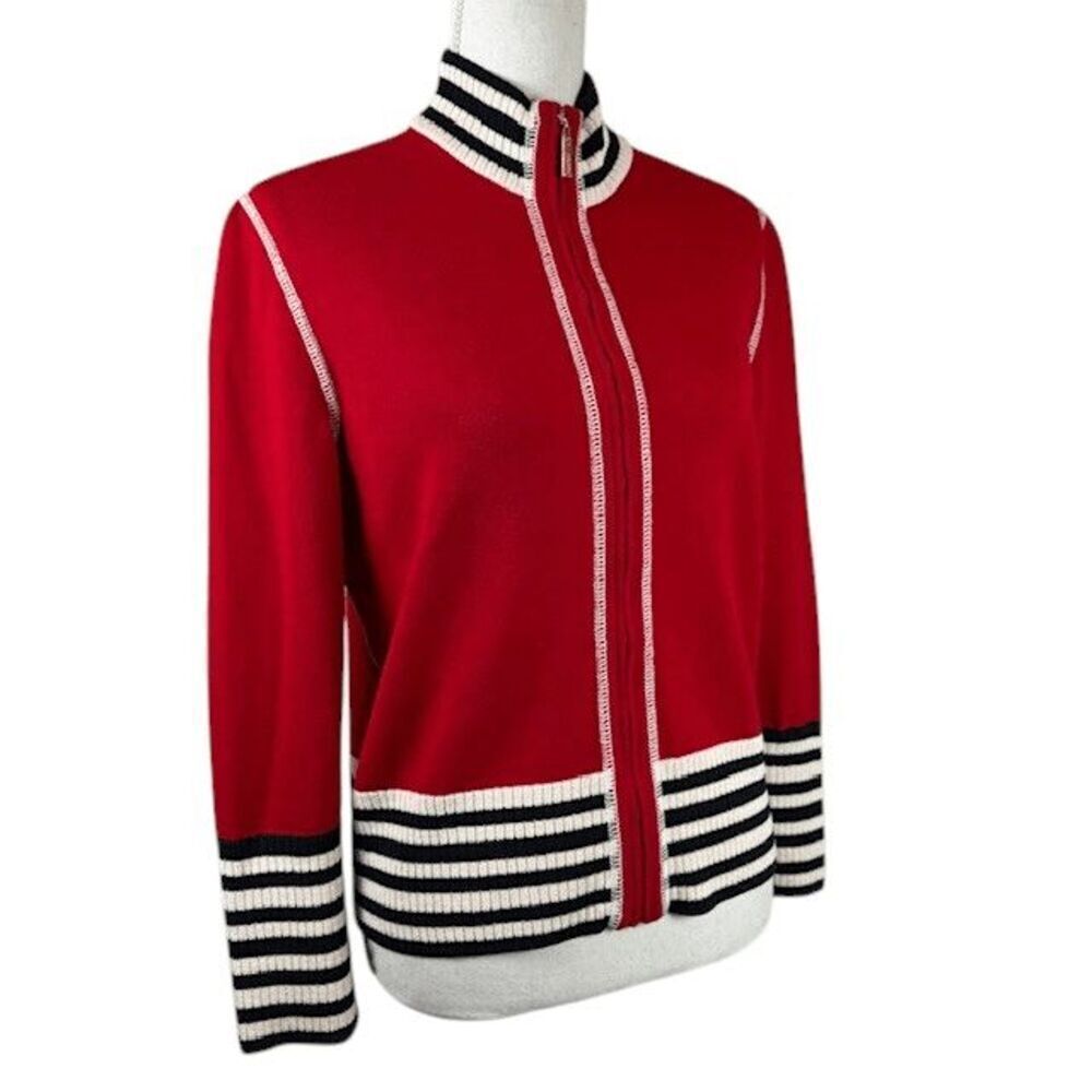 St. John Santana Knit Wool Blend Zip Sweater Red / Black‎ white stripes Small